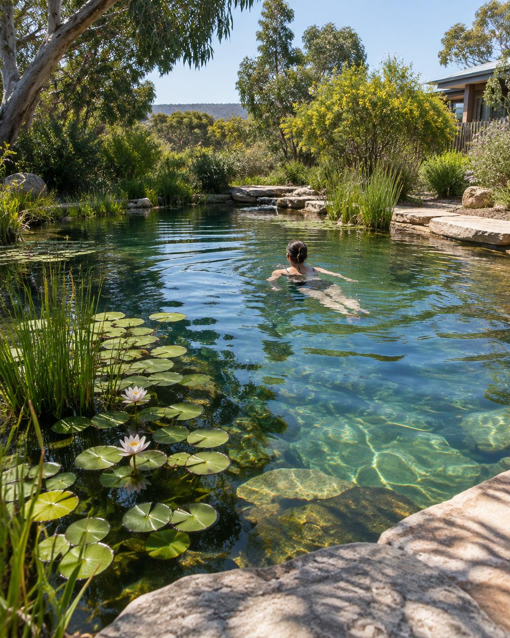 A person swimming in a clear natural backyard pond surrounded by lily pads and native greenery