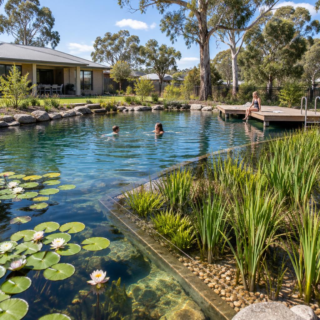 A large natural swimming pond in a spacious backyard with people swimming, a timber jetty and a reed filtration zone