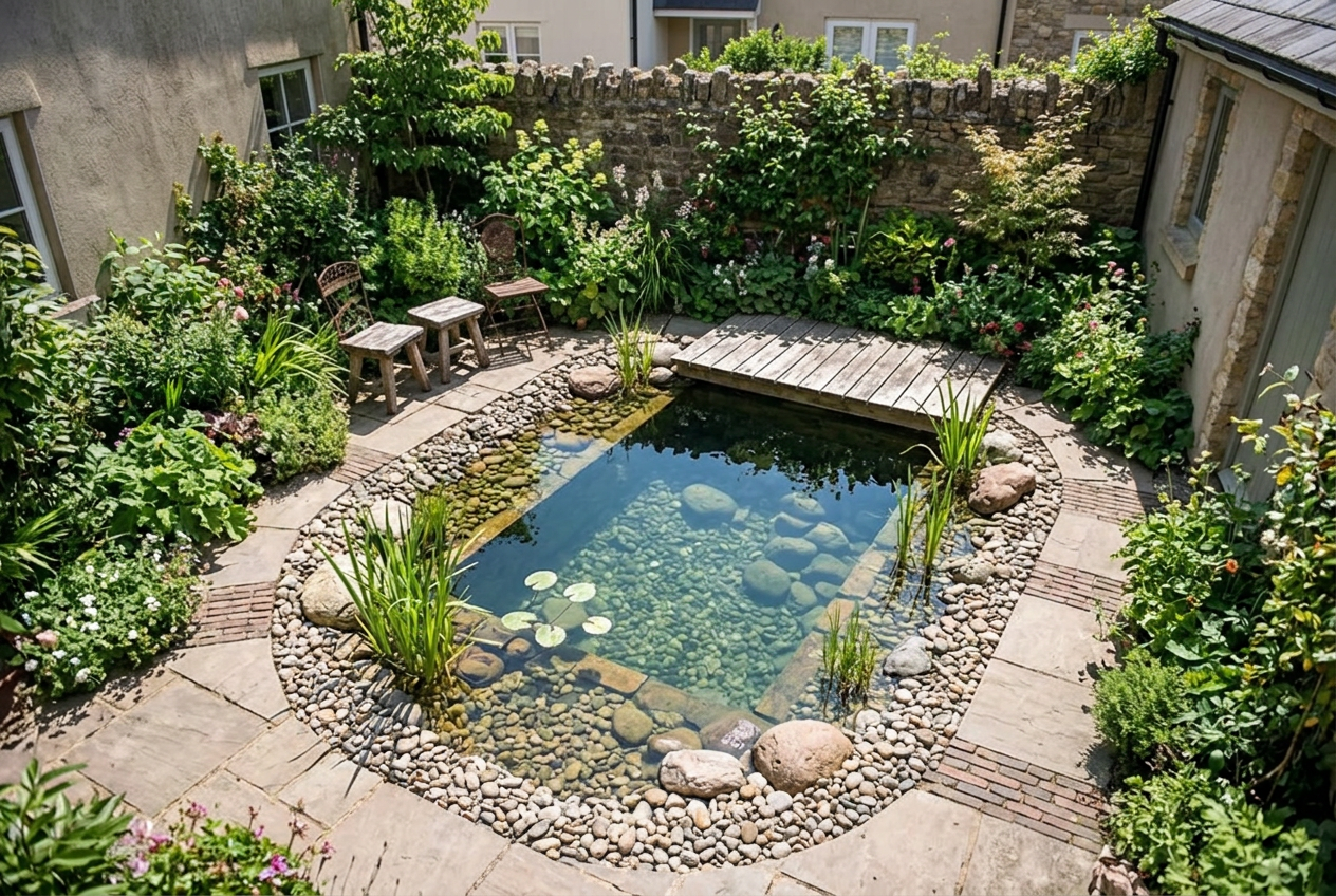 A tiny natural plunge pond in a small courtyard with stone edging, water lilies and potted native plants