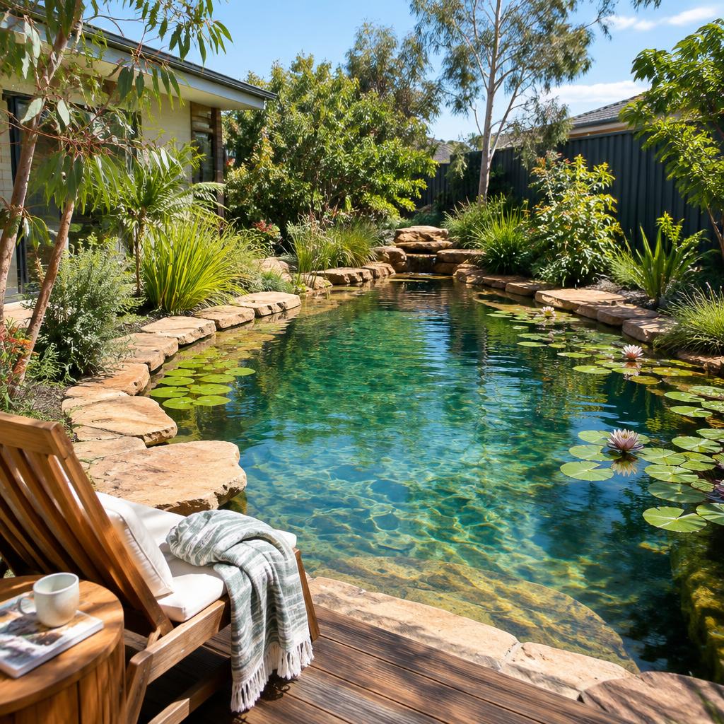 A natural swimming pond in a backyard garden with sandstone edging, water lilies and a deck chair